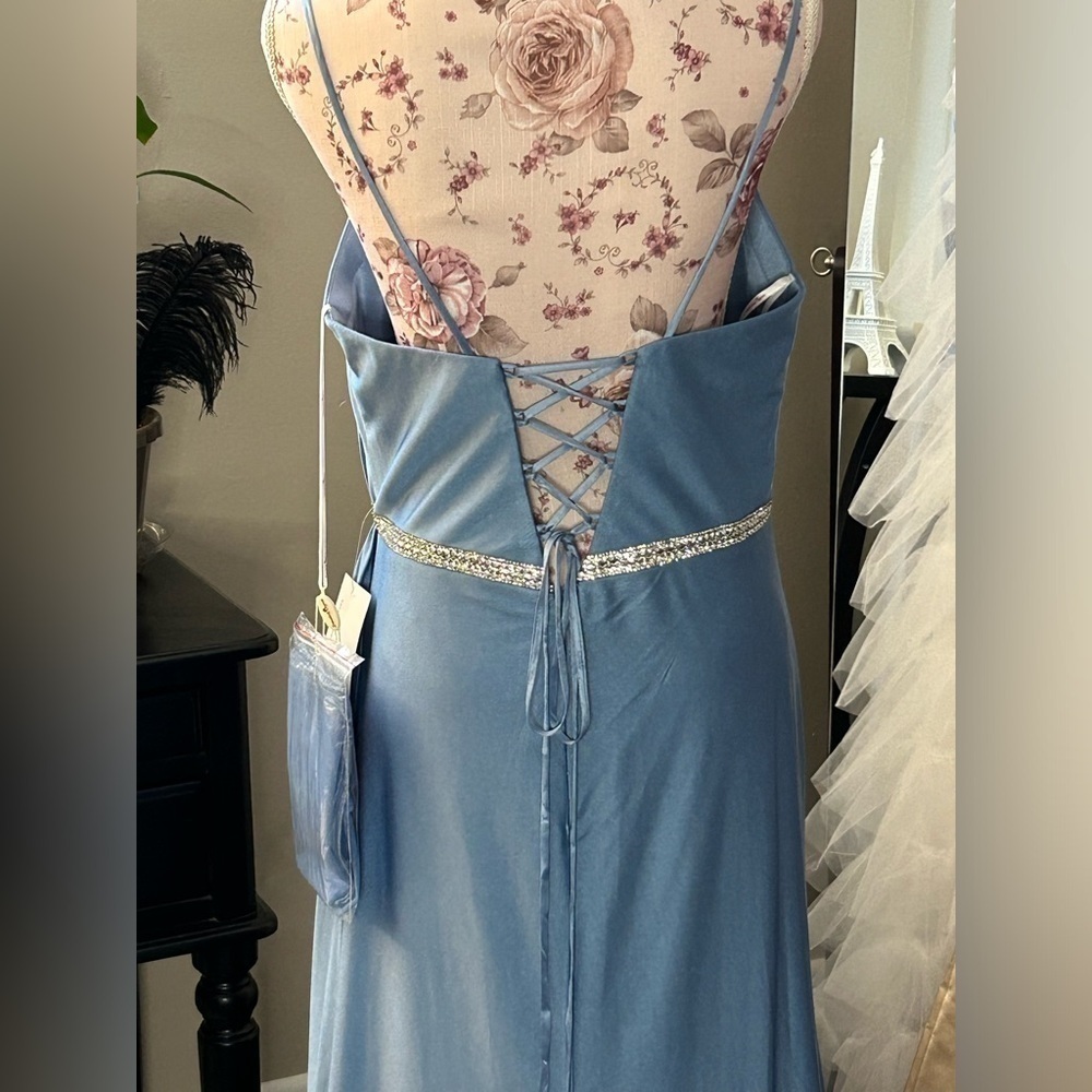 💎Stunning Dancing Queen Gown Blue Side Drape Slit Corset Evening Formal XL 12 - Picture 5 of 11